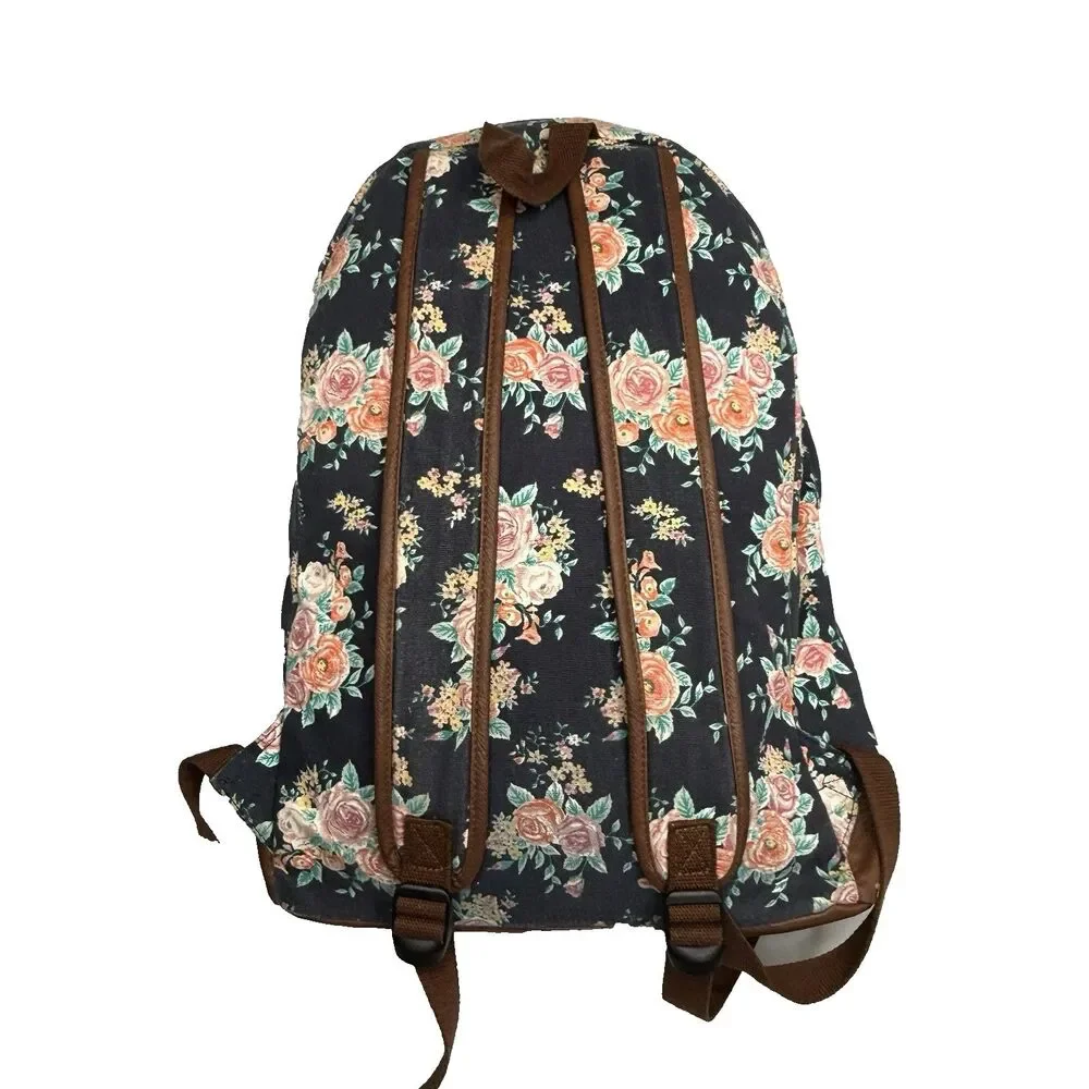 MUDD Backpack Canvas Navy Blue Floral Tassel Pulls Faux Leather EUC